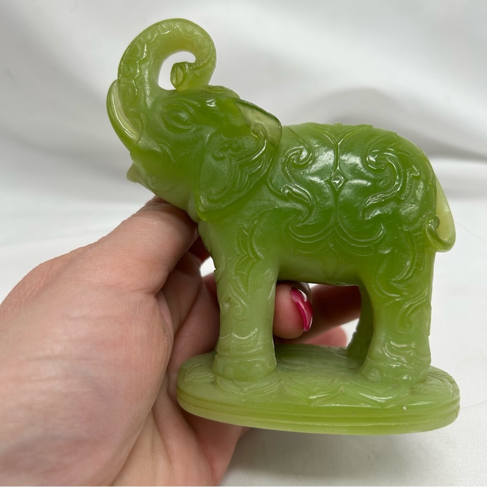 Vintage Elephant Figurine - Wony Ltd Made in Italy - Faux Jade Elephant Trunk Up